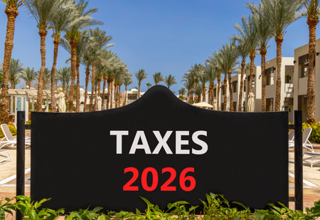 Taxes 2026 new year symbol. Concept words Taxes 2026 on beautiful black road sign. Beautiful palm...