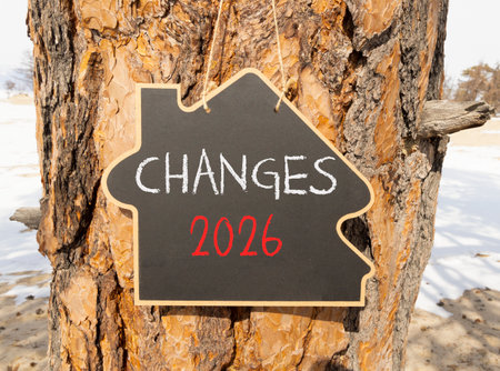 Changes 2026 symbol. Concept words Changes 2026 on beautiful black blackboard. Beautiful old tree...