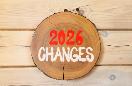 2026 Changes symbol. Concept words 2026 Changes on beautiful wooden circle. Beautiful wooden wall...