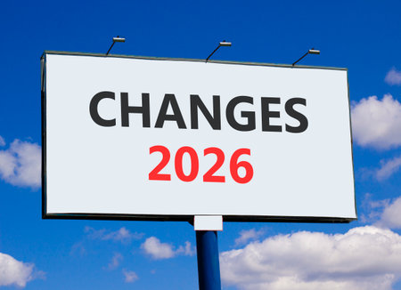 Changes 2026 symbol. Concept words Changes 2026 on beautiful big white billboard. Beautiful blue sky and clouds background. Business and changes 2026 concept. Copy space.の写真素材