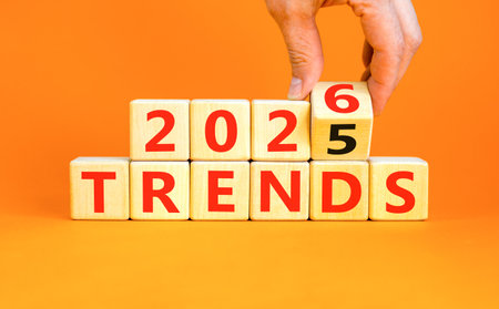 2026 Trends new year symbol. Concept words 2026 Trends on beautiful wooden blocks. Beautiful orange...