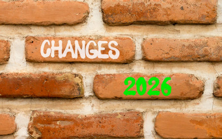 Changes 2026 symbol. Concept words Changes 2026 on beautiful brown brick wall. Beautiful brown brick wall background. Business and changes 2026 concept. Copy space.の写真素材