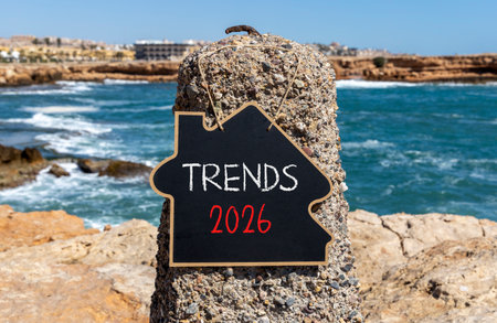 Trends 2026 new year symbol. Concept words Trends 2026 on beautiful black blackboard. Beautiful sea,...