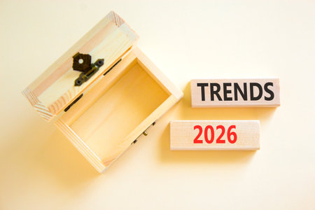 Trends 2026 new year symbol. Concept words Trends 2026 on beautiful wooden blocks. Beautiful white...
