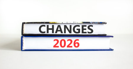 Changes 2026 symbol. Concept words Changes 2026 on beautiful books. Beautiful white paper...