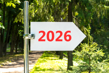 Business concept of 2026 new year symbol. Concept number 2026 Happy new year on beautiful white road...
