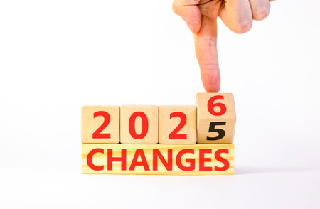 2026 Changes symbol. Concept words 2026 Changes on wooden blocks. Beautiful white paper background. Businessman's hand. Business and 2026 changes concept. Copy space.の写真素材