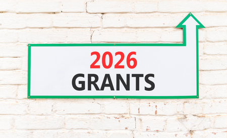 2026 Grants symbol. Concept words 2026 Grants on beautiful white sign with arrow. Beautiful old...