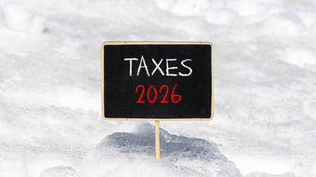 Taxes 2026 new year symbol. Concept words Taxes 2026 on beautiful black blackboard. Beautiful white...