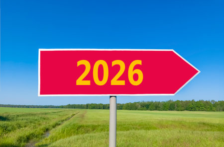 Business concept of 2026 new year symbol. Concept number 2026 Happy new year on beautiful red road...
