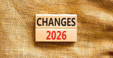 Changes 2026 symbol. Concept words Changes 2026 on beautiful wooden blocks. Beautiful canvas...