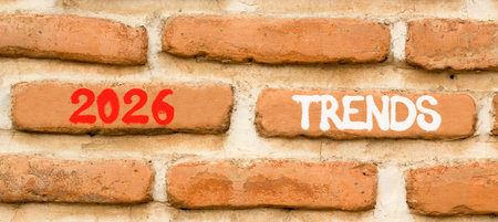 2026 Trends new year symbol. Concept words 2026 Trends on beautiful brown brick wall. Beautiful brown brick wall background. Business and 2026 Trends new year concept. Copy space.の写真素材