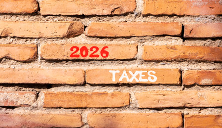 2026 taxes new year symbol. Concept words 2026 taxes on beautiful brown brick wall. Beautiful brown brick wall background. Business and 2026 taxes new year concept. Copy space.の写真素材