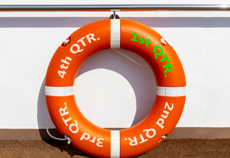 1st first quarter symbol. Beautiful orange lifebuoy with words 1st QTR. Beautiful white background. Business, happy 1st first quarter Q1 concept. Copy space.の写真素材