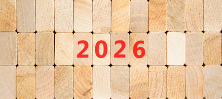 Business concept of 2026 new year symbol. Concept number 2026 Happy new year on beautiful wooden...