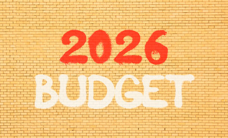2026 Budget symbol. Concept words 2026 Budget on beautiful old brown brick wall. Beautiful old brown brick wall background. Business and 2026 budget concept. Copy space.の写真素材