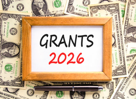 Grants 2026 symbol. Concept words Grants 2026 on beautiful wooden picture frame. Beautiful dollar...