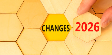 Changes 2026 symbol. Concept words Changes 2026 on beautiful wooden puzzles. Beautiful wooden puzzles background. Businessman's hand. Business and changes 2026 concept. Copy space.の写真素材