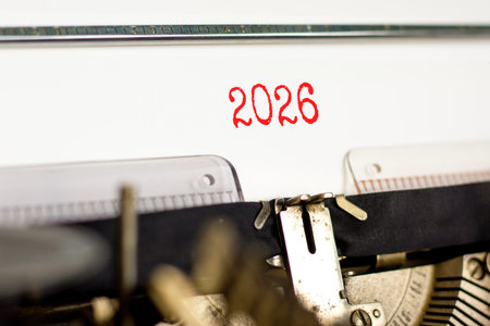 Business concept of 2026 new year symbol. Concept number 2026 Happy new year typed on beautiful old retro typewriter. Beautiful white background. Business 2026 happy new year concept. Copy space.の写真素材