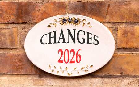 Changes 2026 symbol. Concept words Changes 2026 on beautiful white sign. Beautiful old brown brick...