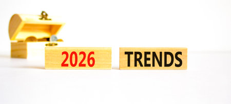 2026 Trends symbol. Concept words 2026 Trends on beautiful wooden blocks. Beautiful white paper...