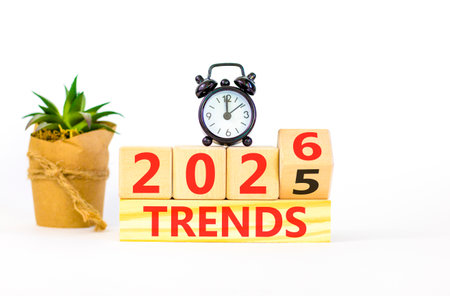 2026 Trends new year symbol. Concept words 2026 Trends on beautiful wooden blocks. Beautiful white...