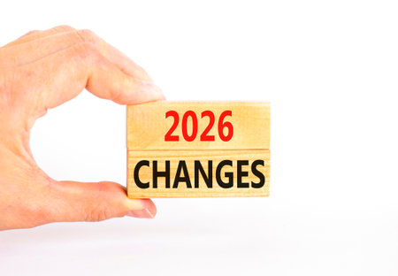 2026 Changes symbol. Concept words 2026 Changes on beautiful wooden blocks. Beautiful white paper background. Businessman's hand. Business and 2026 changes concept. Copy space.の写真素材