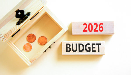 2026 Budget symbol. Concept words 2026 Budget on beautiful wooden blocks. Beautiful white paper...