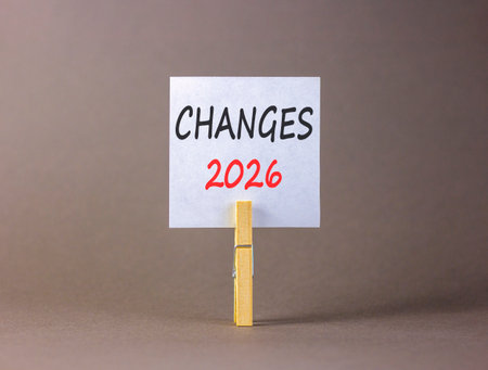 Changes 2026 symbol. Concept words Changes 2026 on beautiful white paper on wooden clothespin....