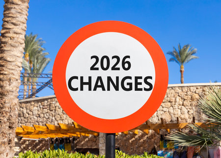 2026 Changes symbol. Concept words 2026 Changes on beautiful white and red road sign. Beautiful palm trees palm-trees and blue sky background. Business and 2026 changes concept. Copy space.の写真素材