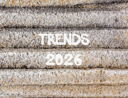 Trends 2026 new year symbol. Concept words Trends 2026 on beautiful gray mountain wall. Beautiful gray mountain wall background. Business and Trends 2026 new year concept. Copy space.の写真素材