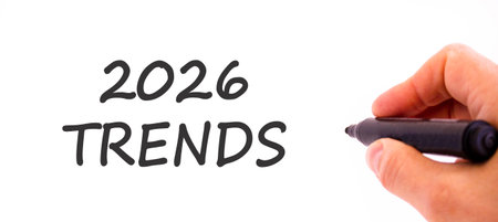2026 Trends new year symbol. Concept words 2026 Trends on beautiful white paper. Beautiful white...