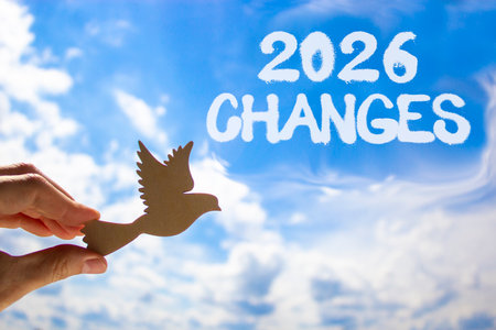 2026 Changes symbol. Concept words 2026 Changes on beautiful blue sky. Beautiful blue sky background. Businessman's hand holds wooden bird. Business and 2026 changes concept. Copy space.の写真素材