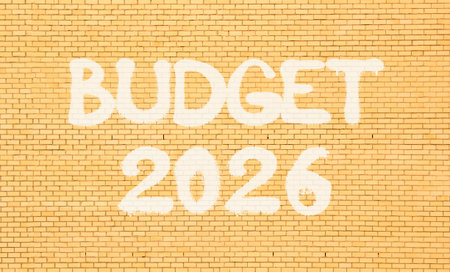 Budget 2026 symbol. Concept words Budget 2026 on beautiful old brown brick wall. Beautiful old brown brick wall background. Business and budget 2026 concept. Copy space.の写真素材