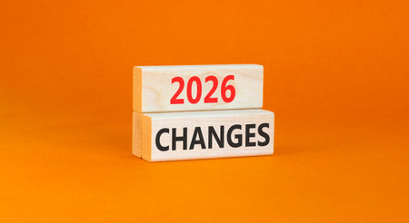 2026 Changes symbol. Concept words 2026 Changes on beautiful wooden blocks. Beautiful orange paper background. Business and 2026 changes concept. Copy space.の写真素材