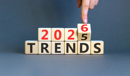 2026 Trends new year symbol. Concept words 2026 Trends on beautiful wooden blocks. Beautiful gray...