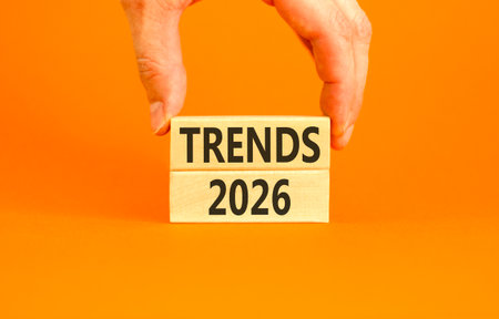 Trends 2026 new year symbol. Concept words Trends 2026 on beautiful wooden blocks. Beautiful orange...