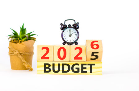2026 Budget symbol. Concept words 2026 Budget on beautiful wooden blocks. Beautiful white paper...