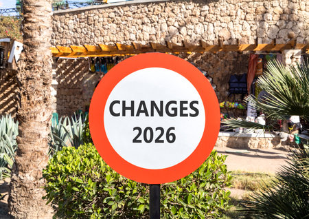 Changes 2026 symbol. Concept words Changes 2026 on beautiful white and red road sign. Beautiful palm trees palm-trees background. Business and changes 2026 concept. Copy space.の写真素材