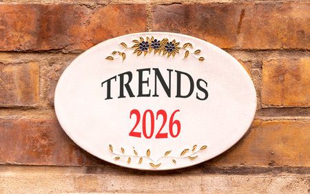 Trends 2026 new year symbol. Concept words Trends 2026 on beautiful white sign. Beautiful old brown...