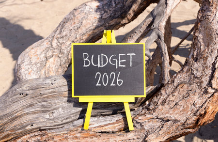 Budget 2026 symbol. Concept words Budget 2026 on beautiful black blackboard. Beautiful old tree and sand background. Business and budget 2026 concept. Copy space.の写真素材