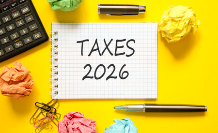 Taxes 2026 new year symbol. Concept words Taxes 2026 on beautiful white note. Beautiful yellow paper...