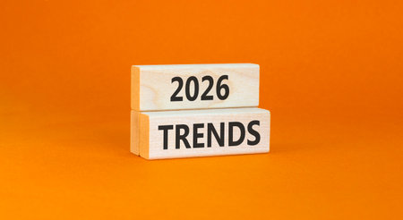 2026 Trends new year symbol. Concept words 2026 Trends on beautiful wooden blocks. Beautiful orange...