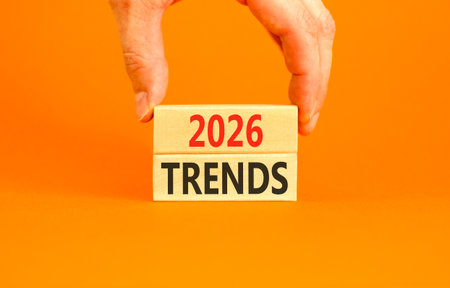 2026 Trends new year symbol. Concept words 2026 Trends on beautiful wooden blocks. Beautiful orange...