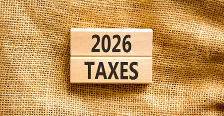 2026 taxes new year symbol. Concept words 2026 taxes on beautiful wooden blocks. Beautiful canvas background. Business and 2026 taxes new year concept. Copy space.の写真素材