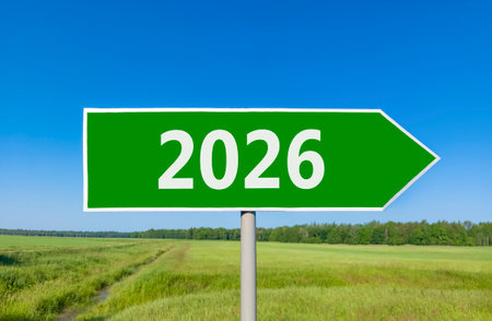 Business concept of 2026 new year symbol. Concept number 2026 Happy new year on beautiful green road...