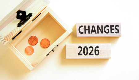 Changes 2026 symbol. Concept words Changes 2026 on beautiful wooden blocks. Beautiful white paper background. Beautiful wooden chest with coins. Business and changes 2026 concept. Copy space.の写真素材