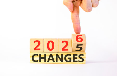 2026 Changes symbol. Concept words 2026 Changes on beautiful wooden blocks. Beautiful white paper background. Businessman's hand. Business and 2026 changes concept. Copy space.の写真素材