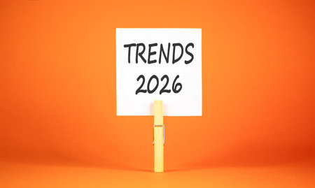 Trends 2026 new year symbol. Concept words Trends 2026 on beautiful white paper on wooden...