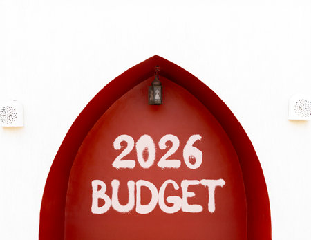 2026 Budget symbol. Concept words 2026 Budget on beautiful white and red wall. Beautiful white and red wall background. Business and 2026 budget concept. Copy space.の写真素材